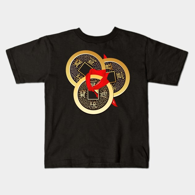 Chinese coin tied with red ribbon Kids T-Shirt by kavalenkava